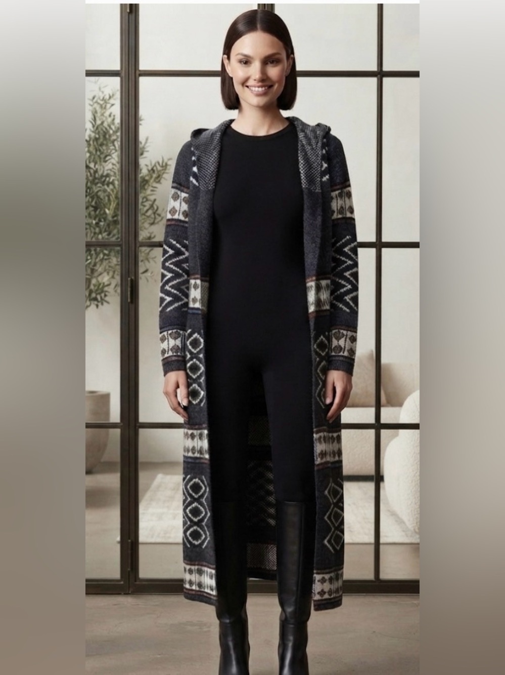 Slonl Black Patterned Sweater Hooded Cardigan(B 38”L 48”)